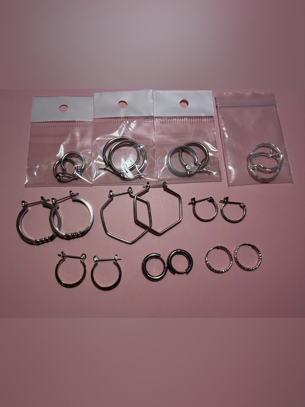 10 Pair Silver Hoop Earrings